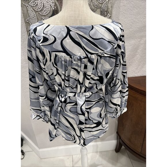 Violet & Claire Black/White Abstract Printed Satin Blouse With Belted Waist L - Picture 4 of 6